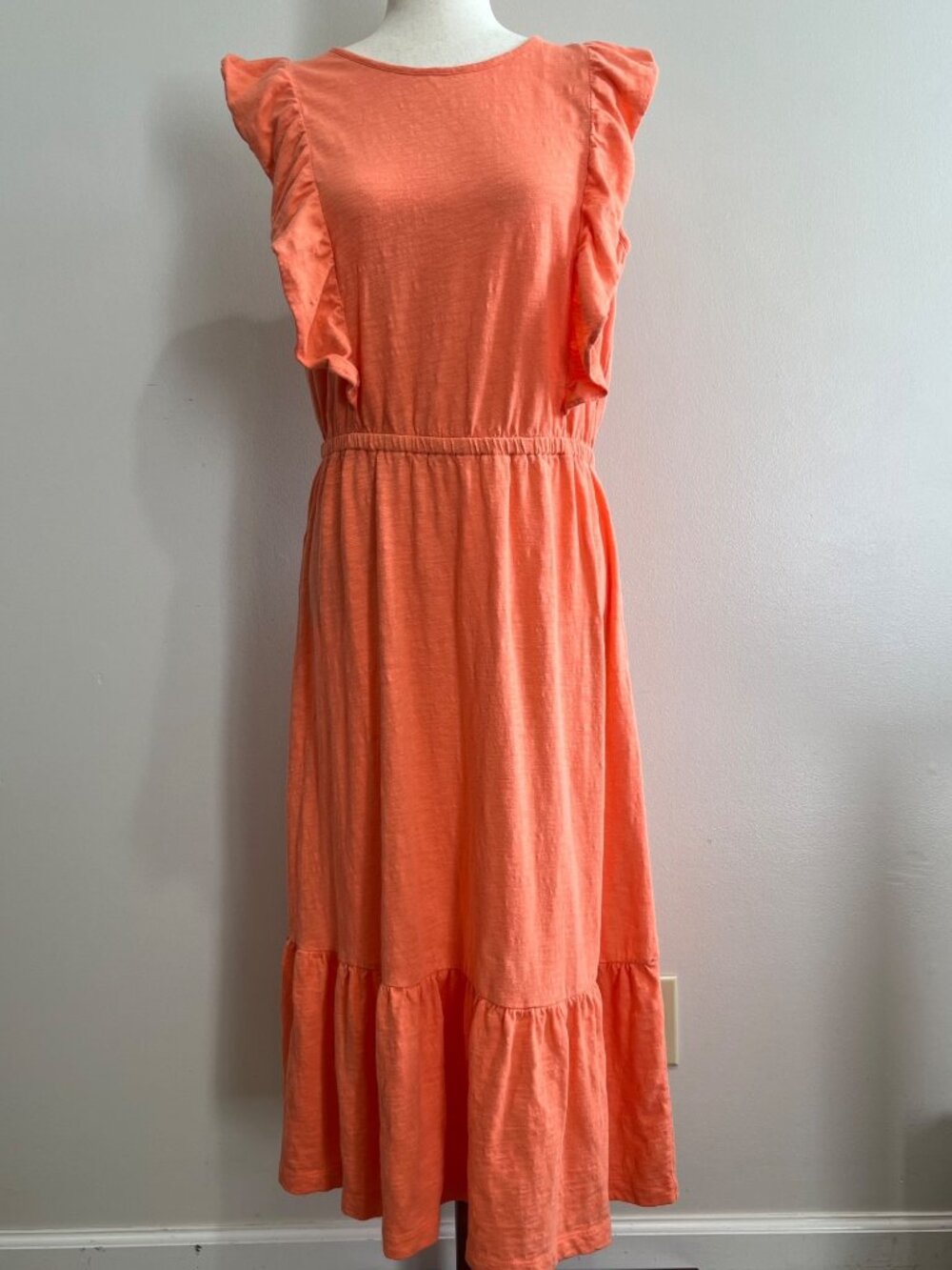 Loft Flutter Sleeve Midi Dress Womens L Peach/Coral Tiered 100% Cotton